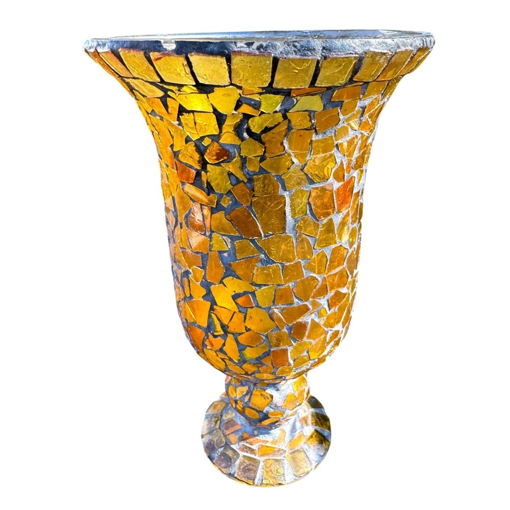 Amber Gold Mosaic Glass Hurricane Vase Decorative Candle Holder Footed Chalice